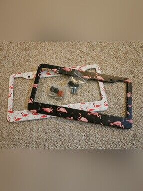 Flamingo Pattern License Plate Frame Set - Pink on Black & White